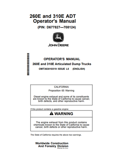 John Deere 260E & 310E Articulated Dump Truck Operator Manual