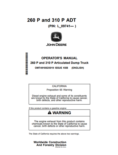 John Deere 260P & 310P Articulated Dump Truck Operator Manual