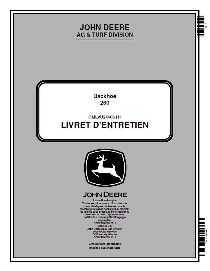 John Deere 260 Backhoe Operator Manual OMLVU24606 PDF