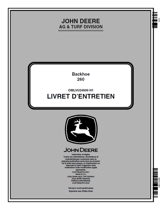 John Deere 260 Backhoe Operator Manual OMLVU24606 PDF