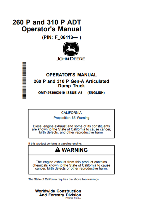 John Deere 260 P 310 P Gen-A Articulated Dump Truck Manual PDF