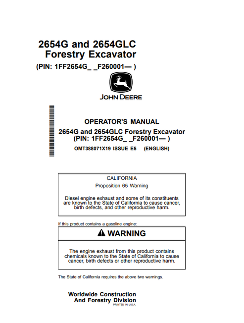 John Deere 2654G And 2654GLC Forestry Excavator Operator Manual OMT388071X19