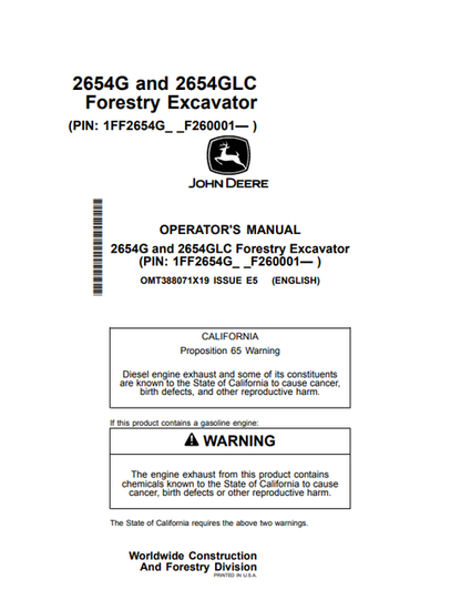 John Deere 2654G And 2654GLC Forestry Excavator Operator Manual OMT388071X19