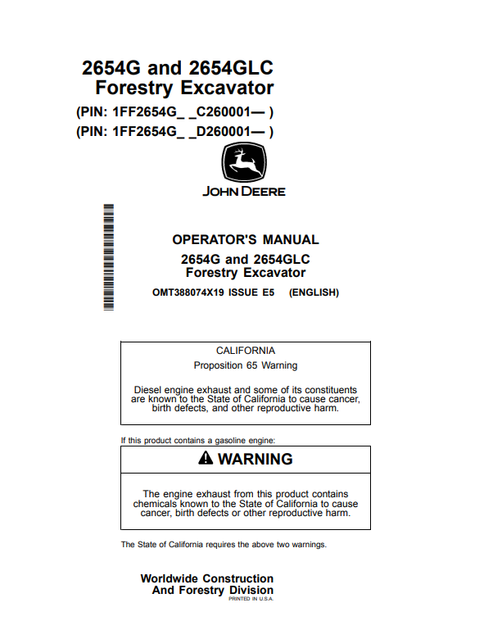 John Deere 2654G And 2654GLC Forestry Excavator Operator Manual OMT388074X19