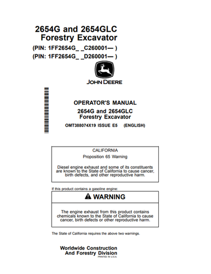 John Deere 2654G And 2654GLC Forestry Excavator Operator Manual OMT388074X19