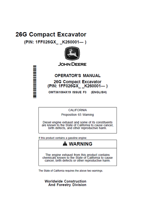 John Deere 26G Compact Excavator Operator Manual PDF