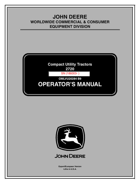 John Deere 2720 Compact Utility Tractor Operator Manual OMLVU20284