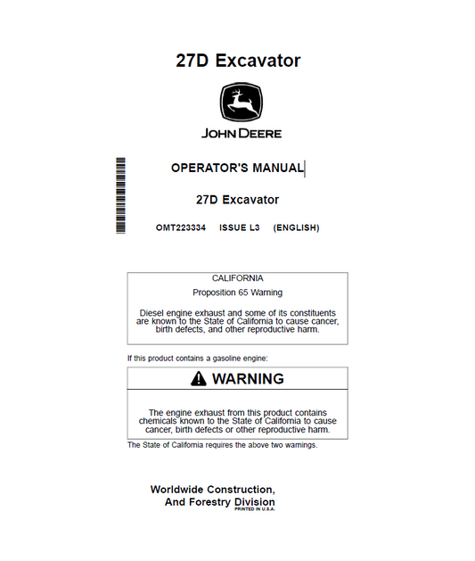 John Deere 27D Excavator Operator Manual OMT223334 PDF