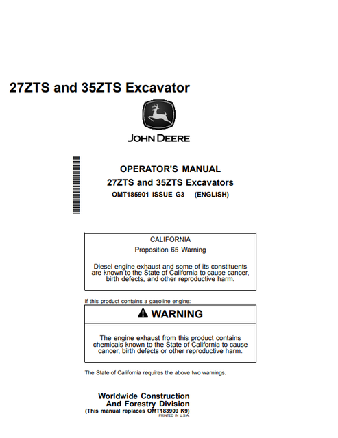 John Deere 27ZTS and 35ZTS Excavator Operator Manual PDF