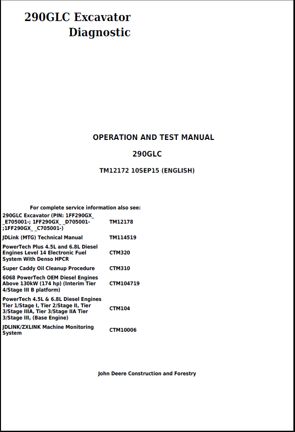 John Deere 290GLC Excavator Operation and Test Manual TM12172 PDF