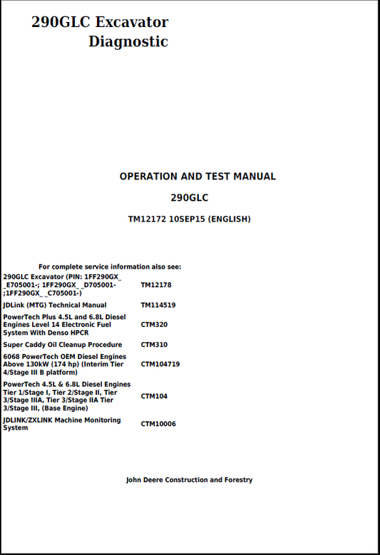 John Deere 290GLC Excavator Operation and Test Manual TM12172 PDF