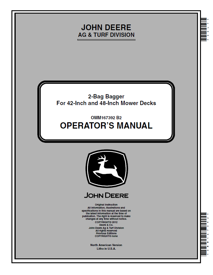 John Deere 2 Bag Bagger For 42-Inch and 48-Inch Mower Decks Operator Manual OMM167392 PDF