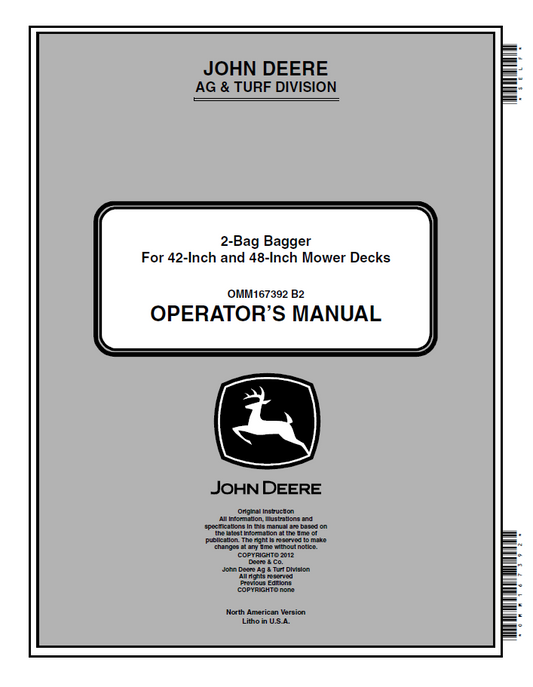 John Deere 2 Bag Bagger For 42-Inch and 48-Inch Mower Decks Operator Manual OMM167392 PDF