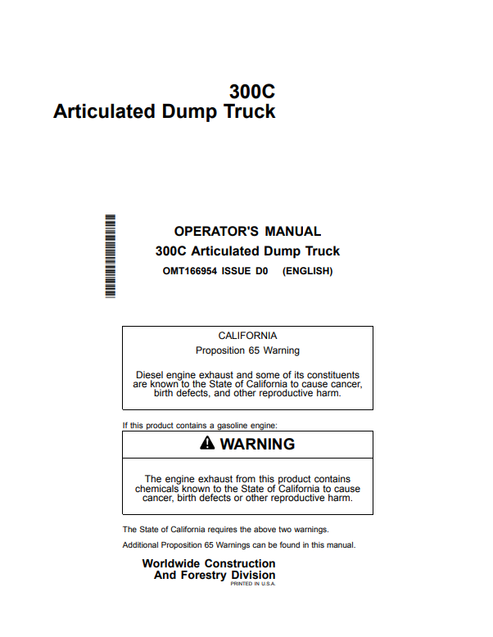 John Deere 300C Articulated Dump Truck Operator Manual