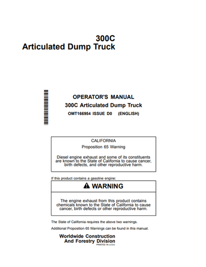 John Deere 300C Articulated Dump Truck Operator Manual