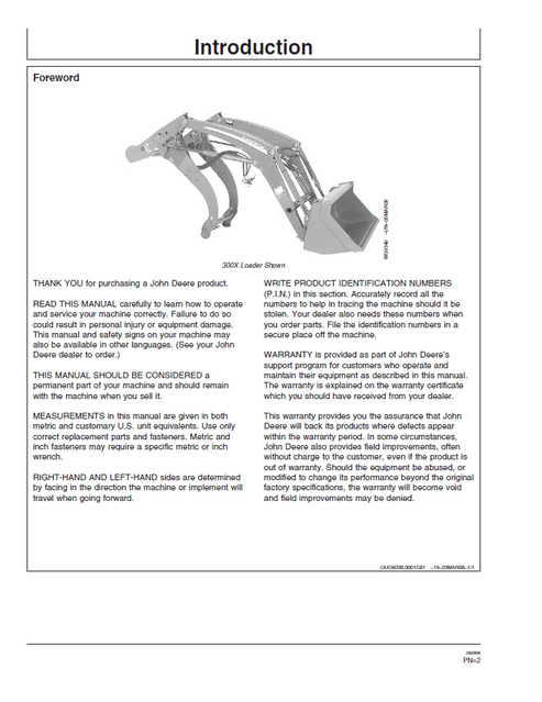 John Deere 300X 300CX Loader Operator Manual OMW54961 PDF