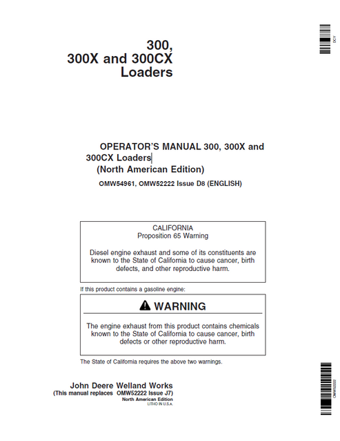 John Deere 300 300X 300CX Loader Operator Manual PDF