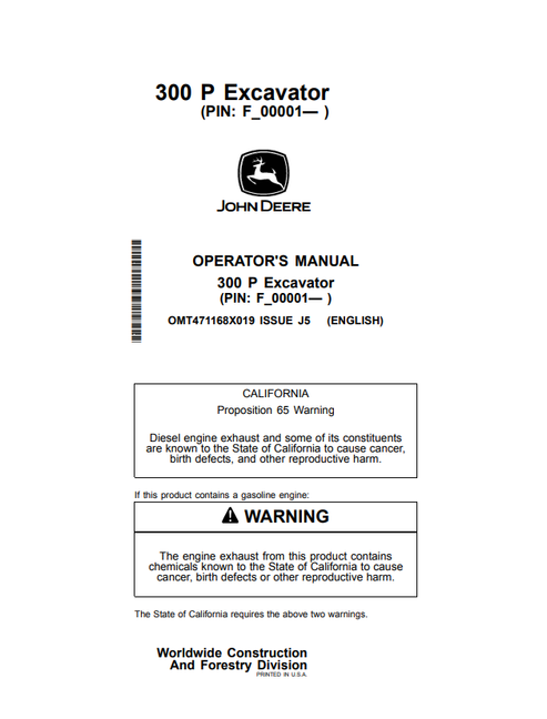 John Deere 300 P Excavator Operator & Maintenance Manual OMT471168X019