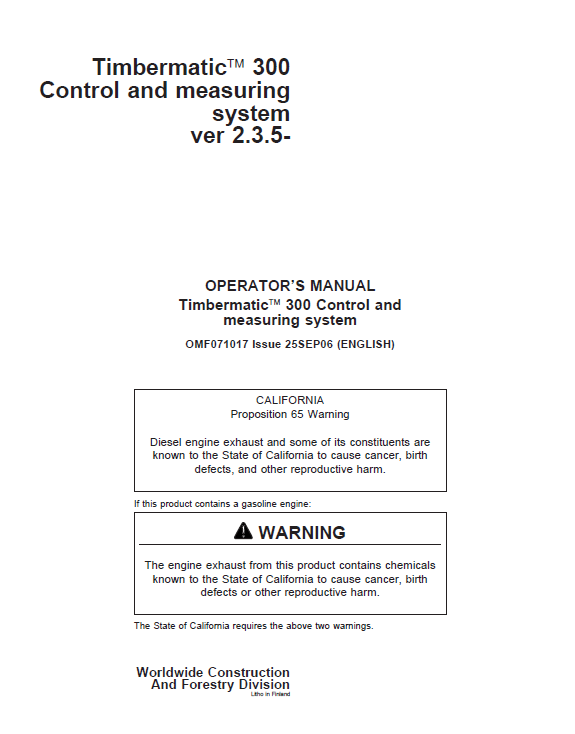 John Deere 300 Timbermatic Control and measuring system Repair Operator Manual OMF071017 PDF