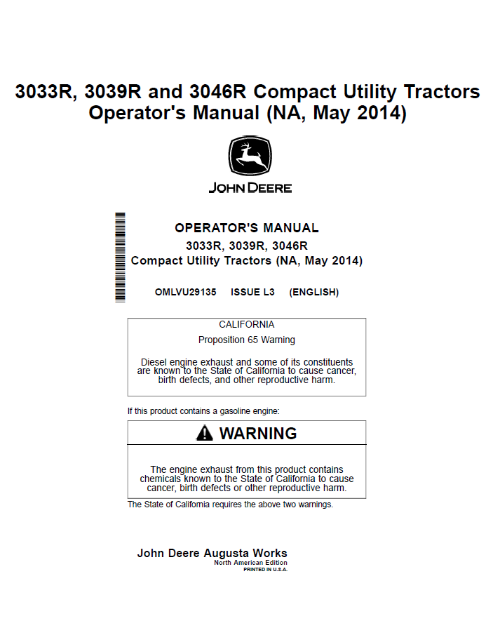 John Deere 3033R, 3039R, 3046R Compact Utility Tractors Operator Manual OMLVU29135 PDF