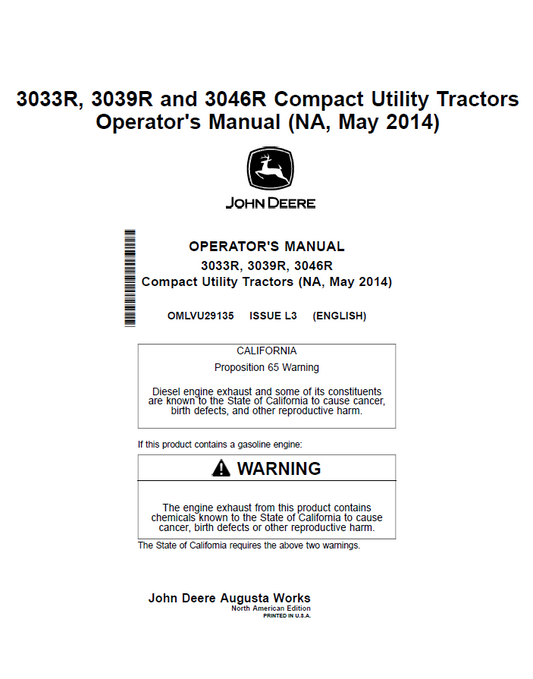 John Deere 3033R, 3039R, 3046R Compact Utility Tractors Operator Manual OMLVU29135 PDF