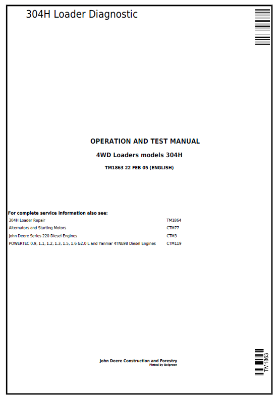 John Deere 304H Compact 4WD Loader Diagnostic Operation and Test Manual TM1863 PDF