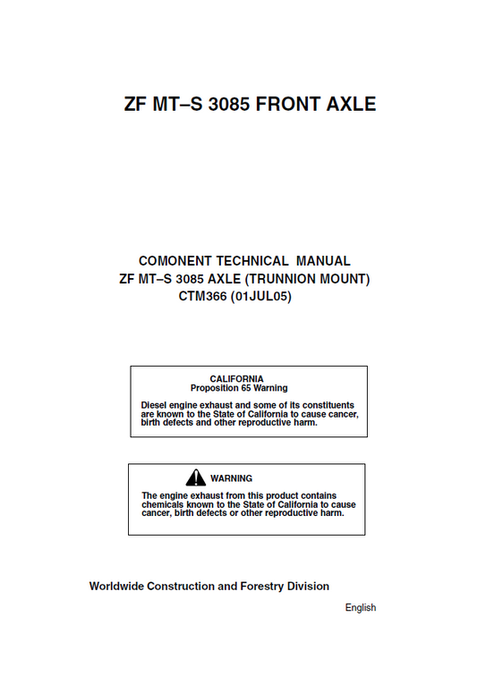 John Deere 3085 ZF MT–S Axle Component Technical Manual CTM366 PDF