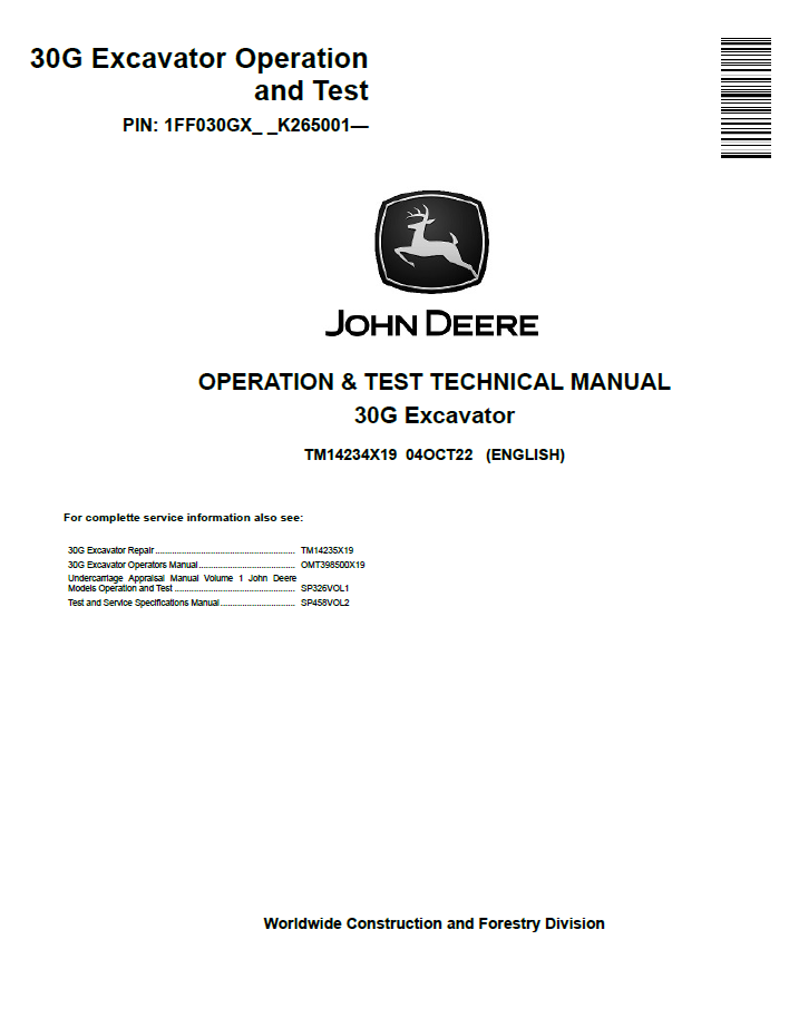 John Deere 30G Excavator Operation and Test Technical Manual TM14234X19 PDF 