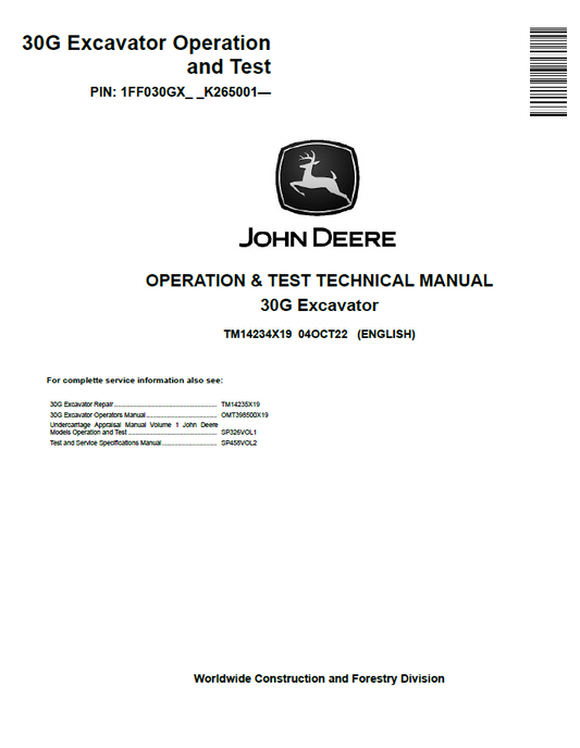 John Deere 30G Excavator Operation and Test Technical Manual TM14234X19 PDF 