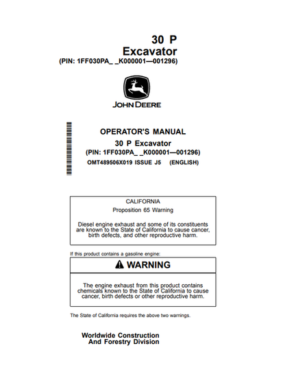 John Deere 30 P Excavator Operator & Maintenance Manual OMT489506X019