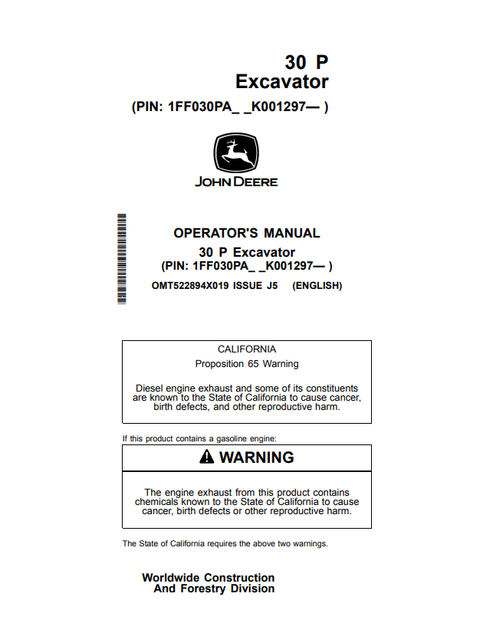 John Deere 30 P Excavator Operator & Maintenance Manual OMT522894X019