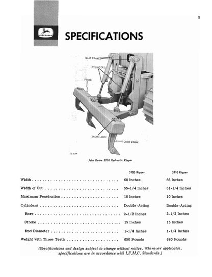 John Deere 3100 & 3110 Hydraulic Ripper Operation Manual