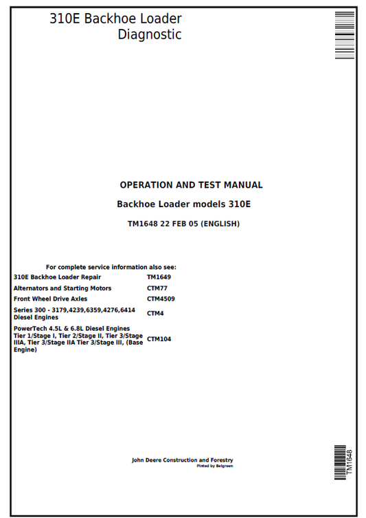 John Deere 310E Backhoe Loader Diagnostic Operation and Test Manual TM1648 PDF