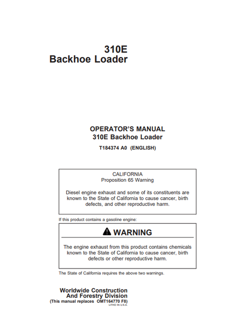 John Deere 310E Backhoe Loader Operator Manual PDF OMT184374