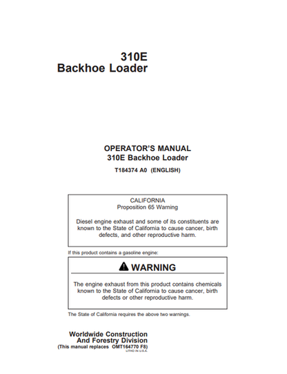 John Deere 310E Backhoe Loader Operator Manual PDF OMT184374