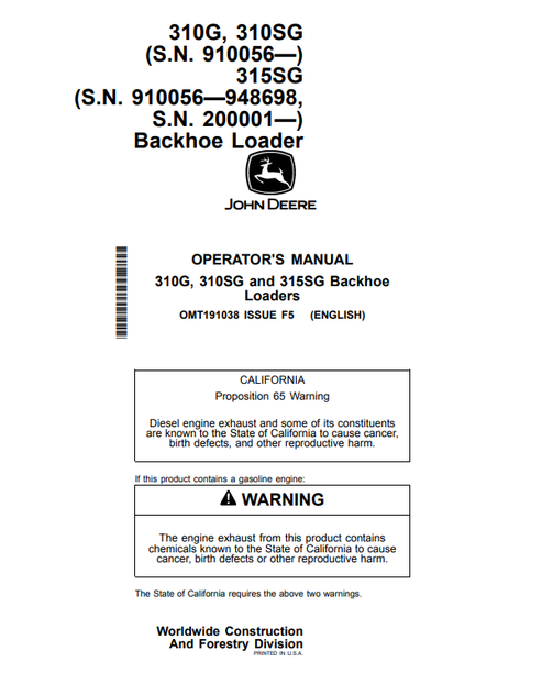 John Deere 310G, 310SG And 315SG Backhoe Loader Operator Manual OMT191038