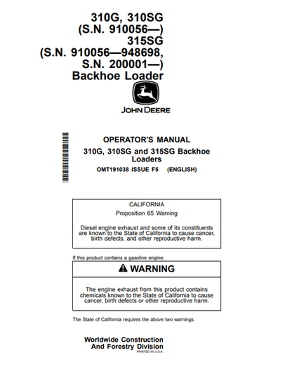 John Deere 310G, 310SG And 315SG Backhoe Loader Operator Manual OMT191038