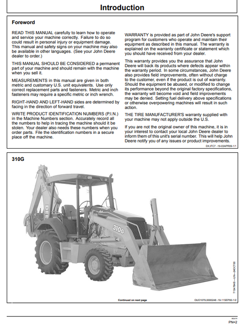 John Deere 310G Backhoe Loader Operation & Maintenance Manual PDF
