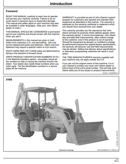 John Deere 310G Backhoe Loader Operation & Maintenance Manual PDF