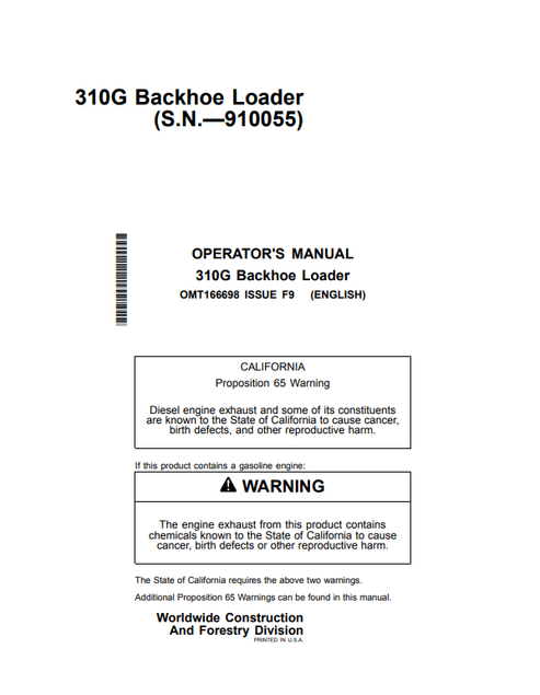 John Deere 310G Backhoe Loader Operator Manual OMT166698