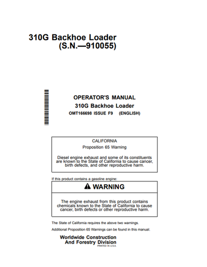 John Deere 310G Backhoe Loader Operator Manual OMT166698