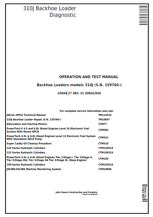 John Deere 310J Backhoe Loader Diagnostic Operation and Test Manual TM10847