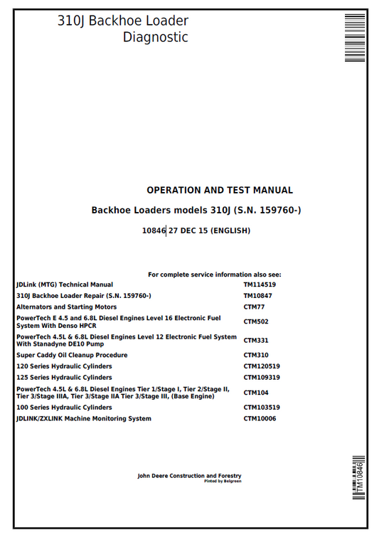 John Deere 310J Backhoe Loader Diagnostic Operation and Test Manual TM10847