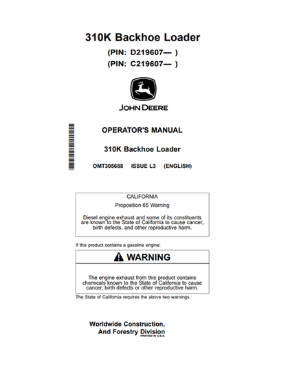 John Deere 310K Backhoe Loader Operator Manual OMT305688