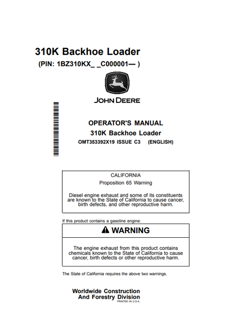 John Deere 310K Backhoe Loader Operator Manual PDF OMT353392X19