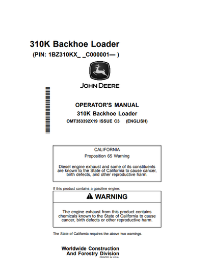 John Deere 310K Backhoe Loader Operator Manual PDF OMT353392X19