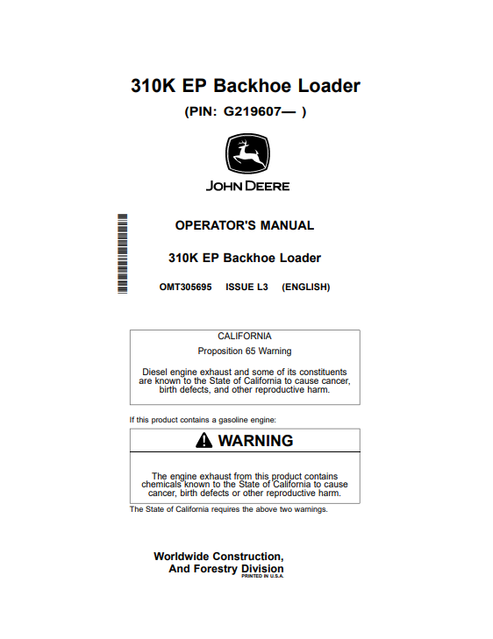 John Deere 310K EP Backhoe Loader Operator Manual OMT305695