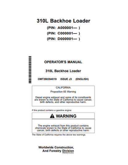 John Deere 310L Backhoe Loader Operator Manual OMT390394X19