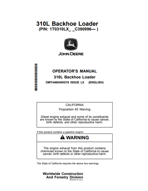John Deere 310L Backhoe Loader Operator Manual OMT446049X019