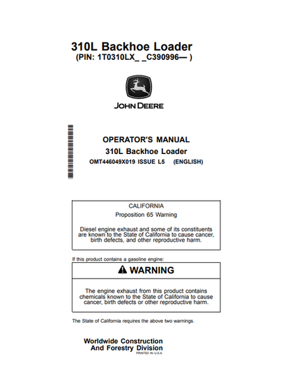 John Deere 310L Backhoe Loader Operator Manual OMT446049X019